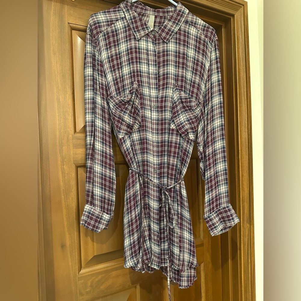 Melissa McCarthy Seven7 Purple Plaid Button Down Shirt Dress Tunic 2X